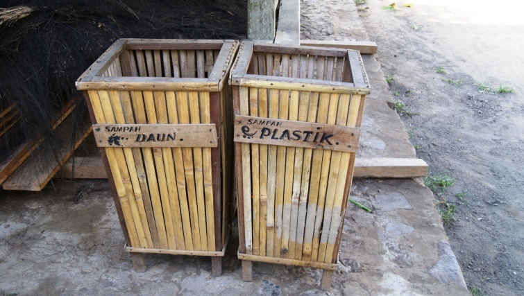 Bamboo recycling bins.